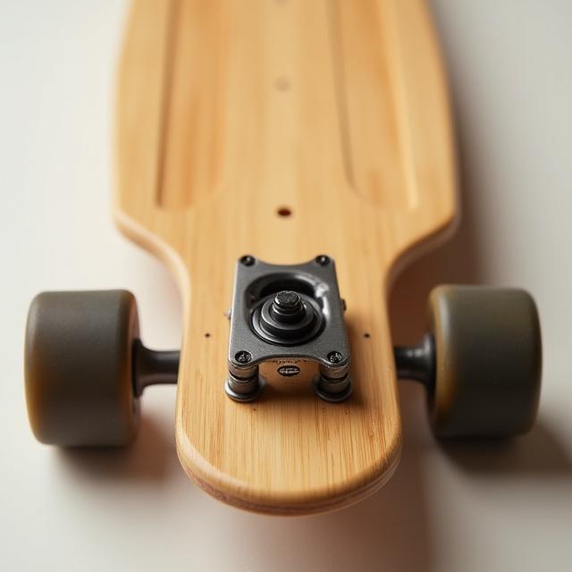 Gros plan sur les roues et le plateau en bambou du longboard Horizon.