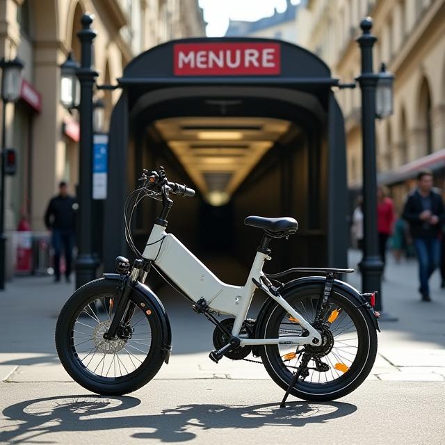 Vélo pliant Express à côté d'une station de métro parisienne.